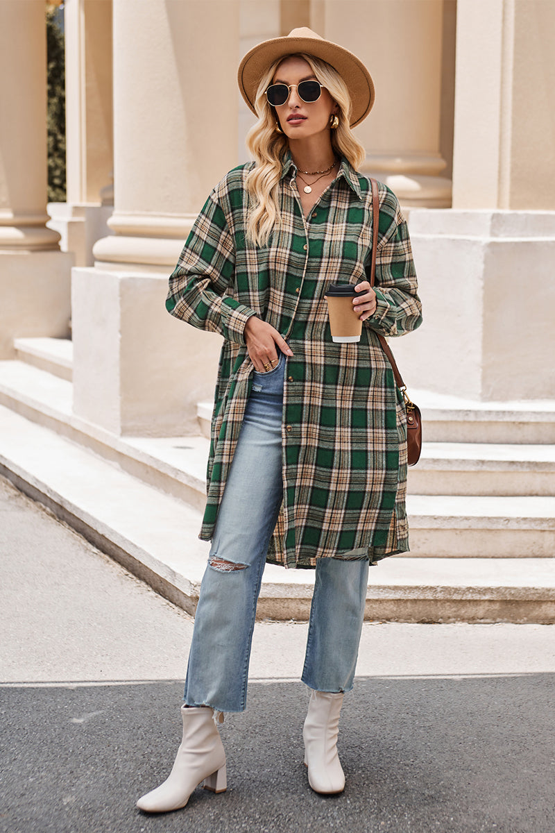 Mandy Plaid Collared Neck Long Sleeve Coat - where wild roots grows