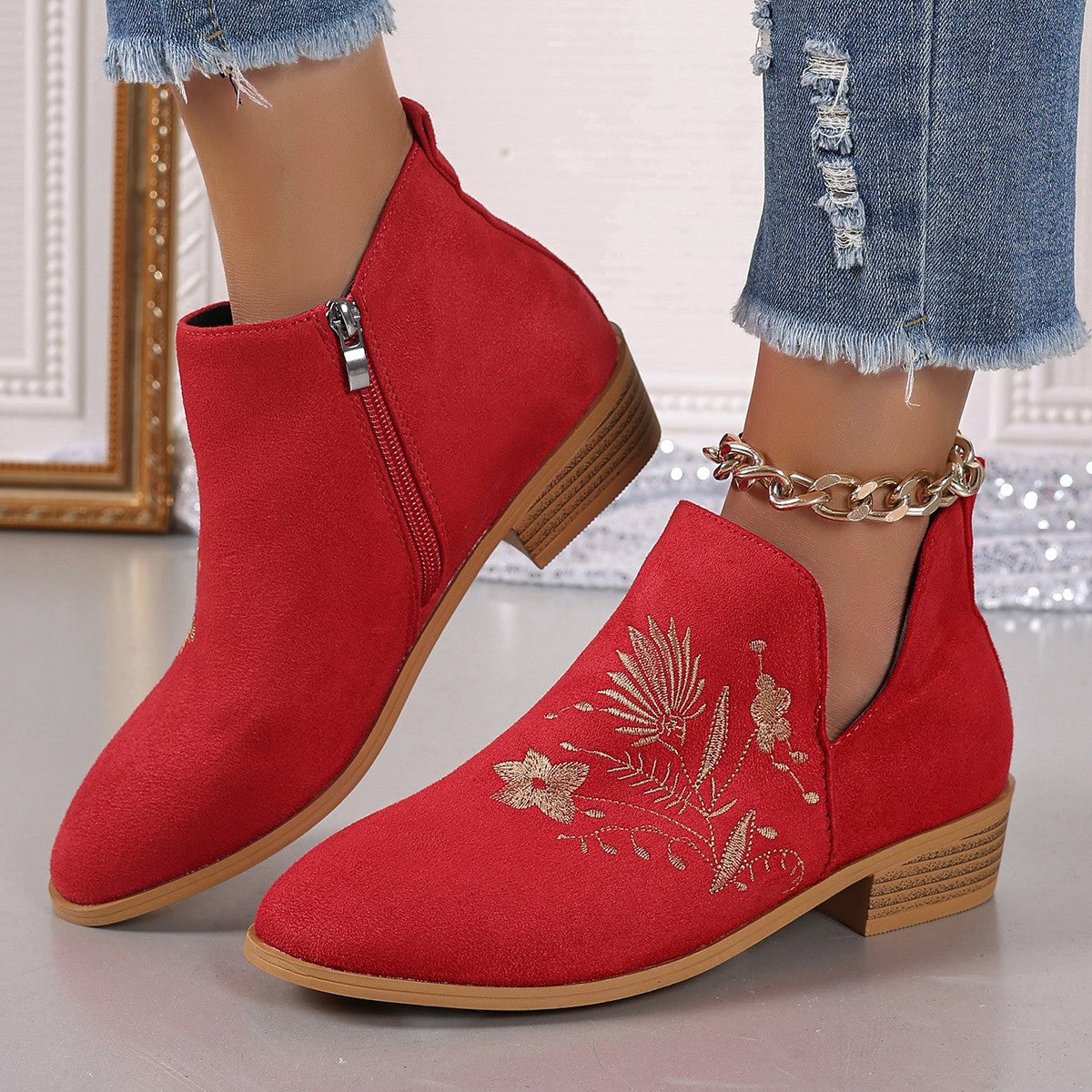 Embroidered Suede Point Toe Block Heel Boots - where wild roots grows