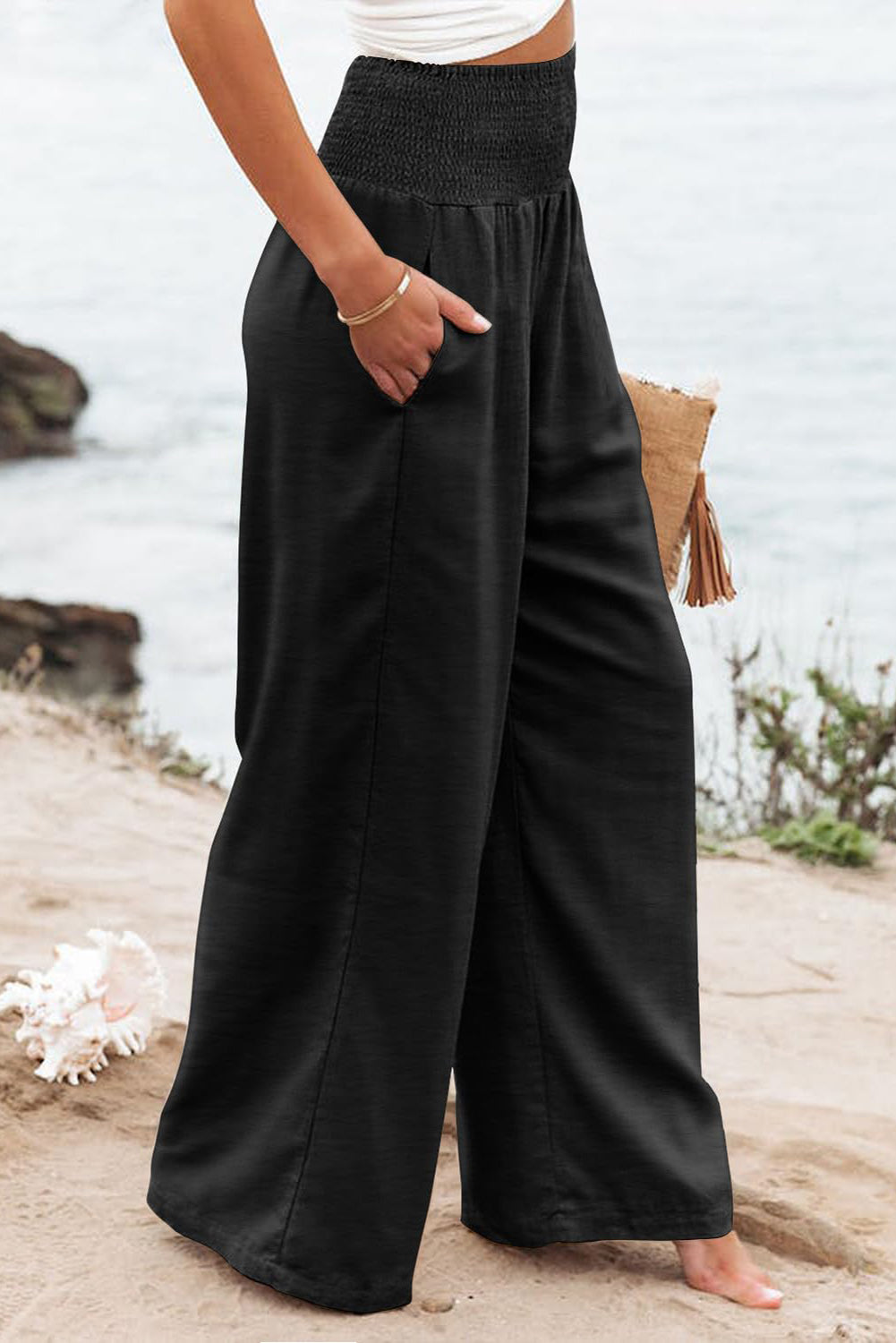 Plus Size Smocked High Waist Wide Leg Pants - where wild roots grows