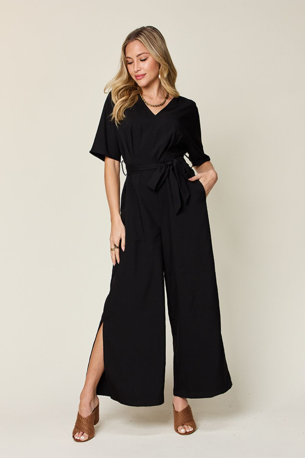 Double Take Full Size V-Neck Tied Side Slit Jumpsuit - where wild roots grows