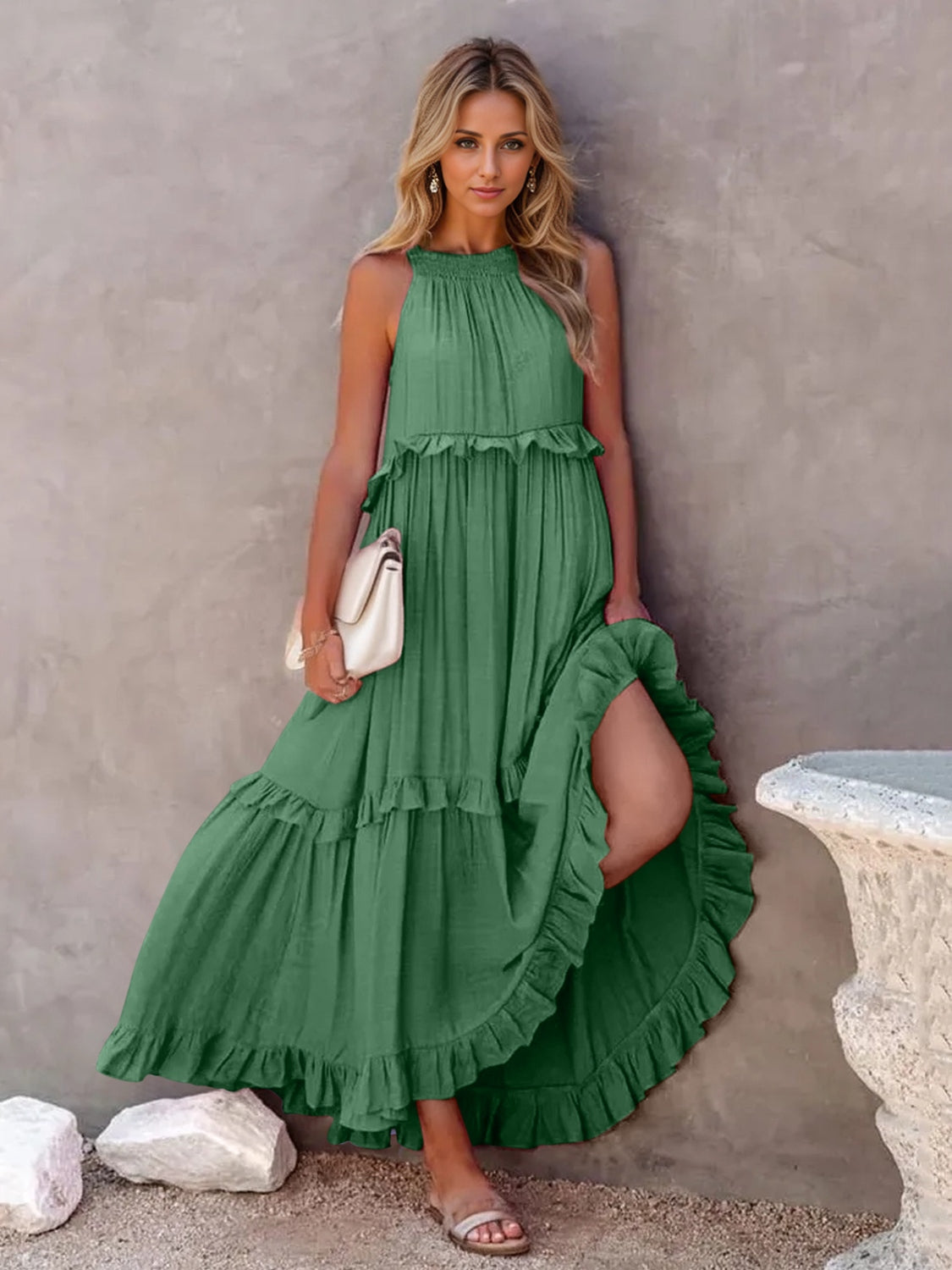 Ruffled Sleeveless Tiered Maxi Dress with Pockets - where wild roots grows