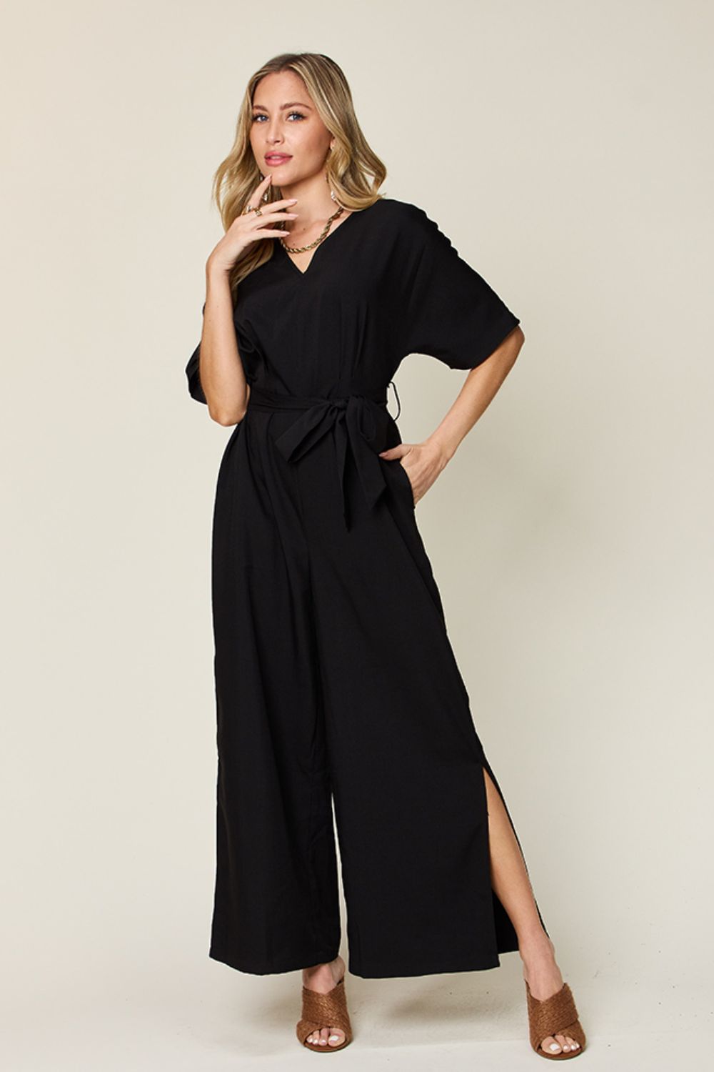 Double Take Full Size V-Neck Tied Side Slit Jumpsuit - where wild roots grows