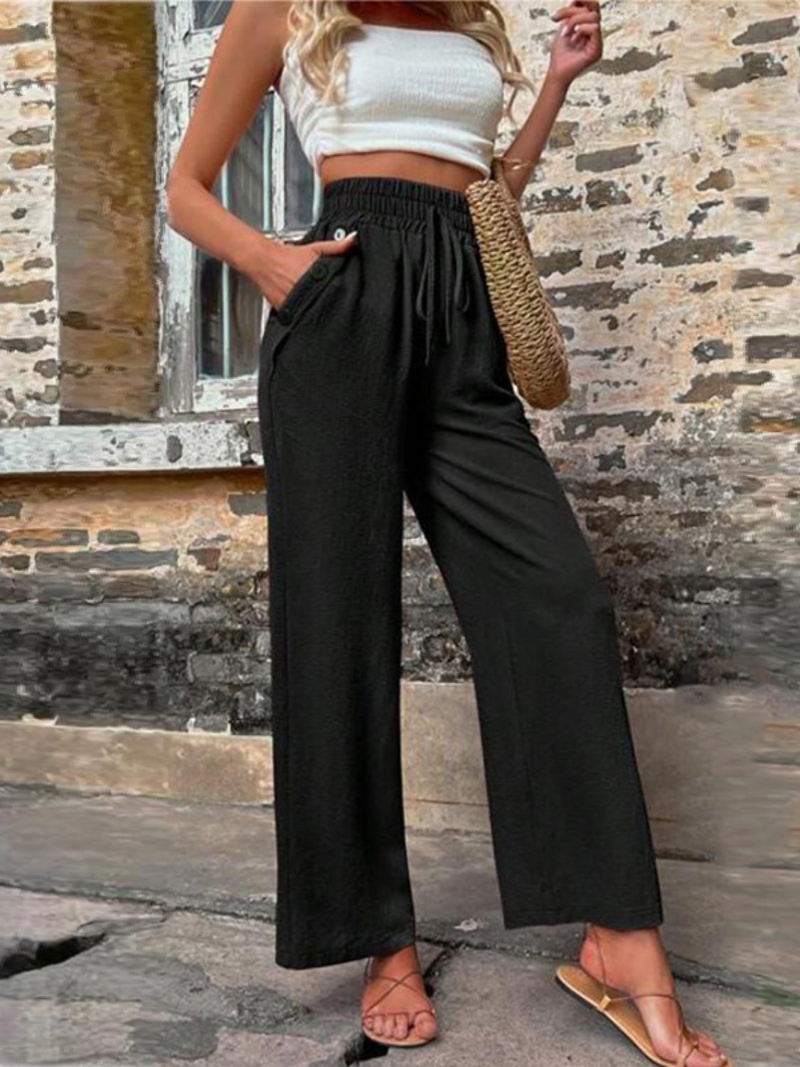 Tied High Waist Wide Leg Pants with Pockets - where wild roots grows