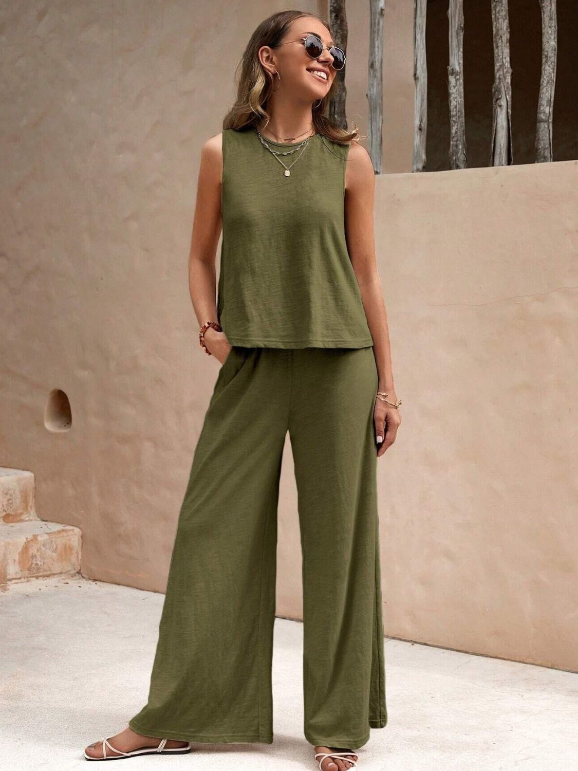 Round Neck Sleeveless Top and Wide Leg Pants Set - where wild roots grows