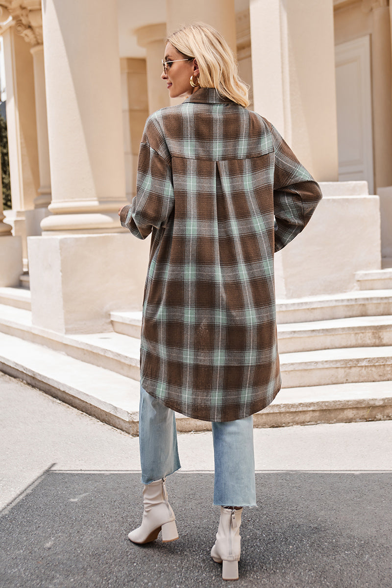 Mandy Plaid Collared Neck Long Sleeve Coat - where wild roots grows