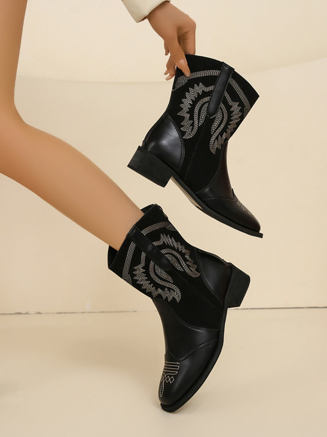 Embroidered PU Leather Block Heel Boots - where wild roots grows