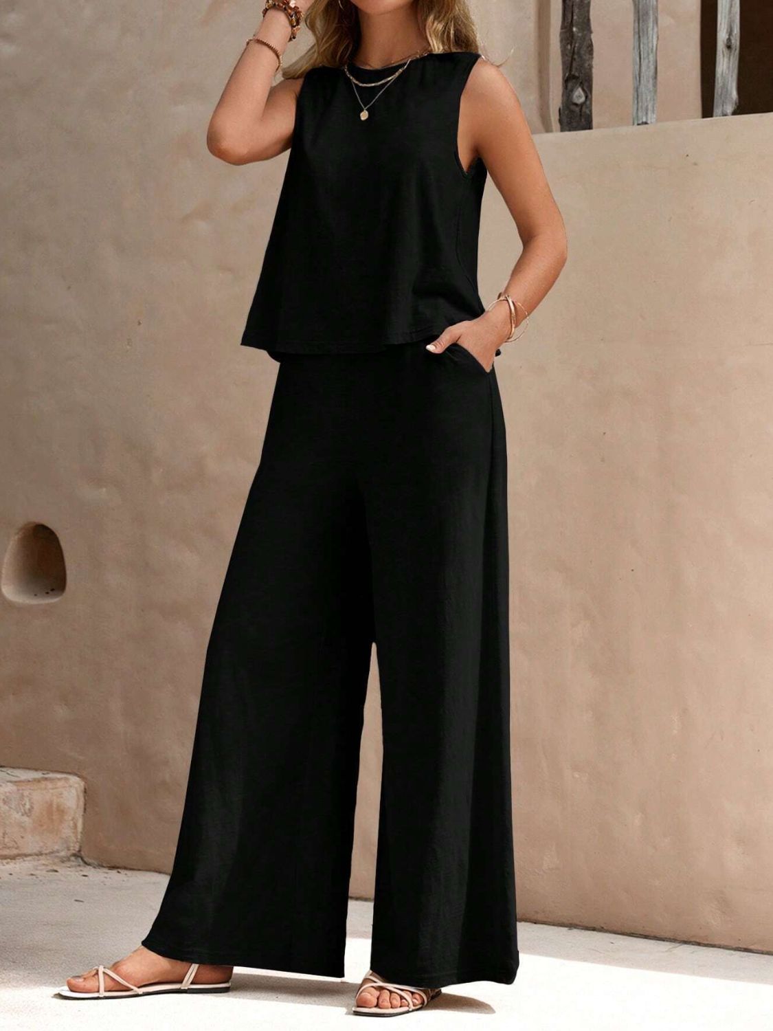 Round Neck Sleeveless Top and Wide Leg Pants Set - where wild roots grows