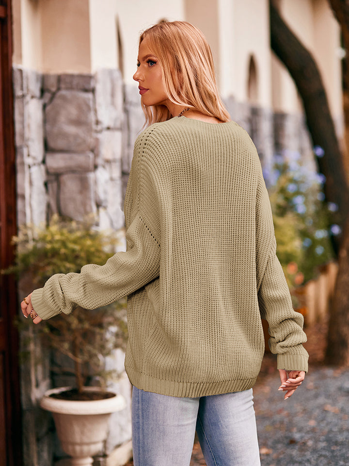 Cozy Pocketed Round Neck Waffle-Knit Sweater - where wild roots grows