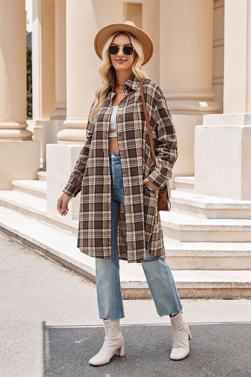 Mandy Plaid Collared Neck Long Sleeve Coat - where wild roots grows