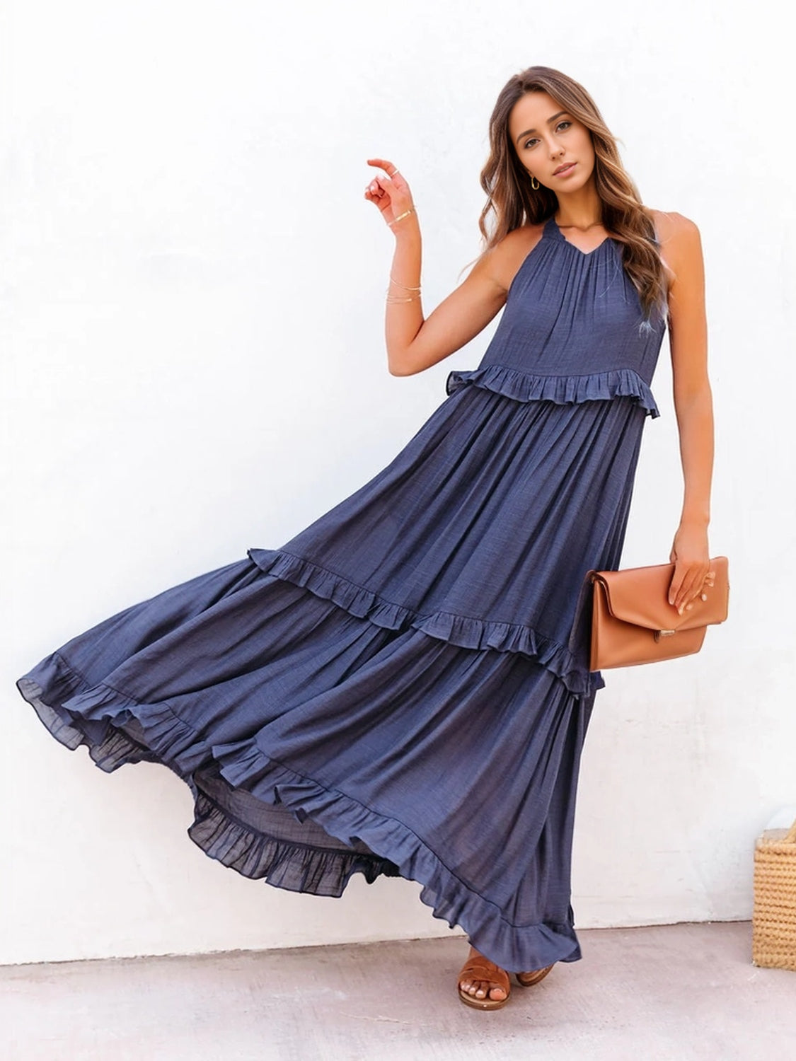 Ruffled Sleeveless Tiered Maxi Dress with Pockets - where wild roots grows