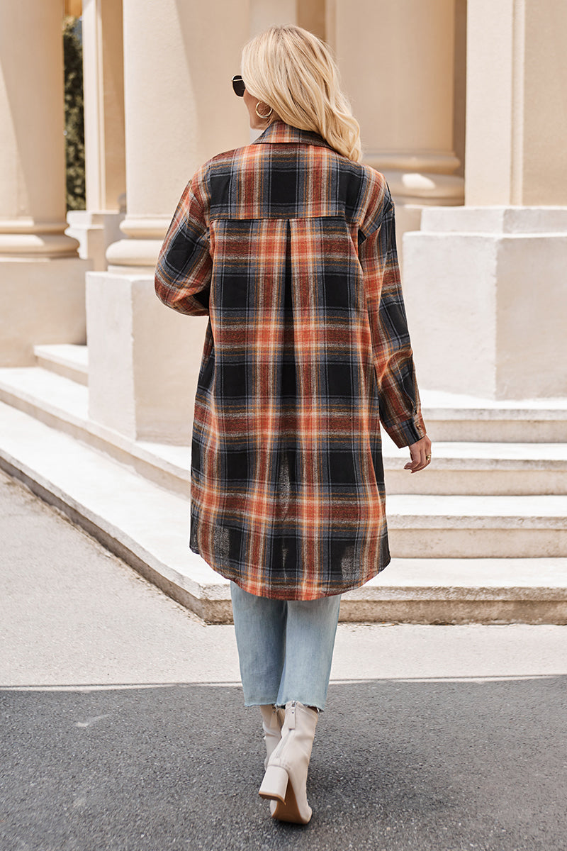 Mandy Plaid Collared Neck Long Sleeve Coat - where wild roots grows