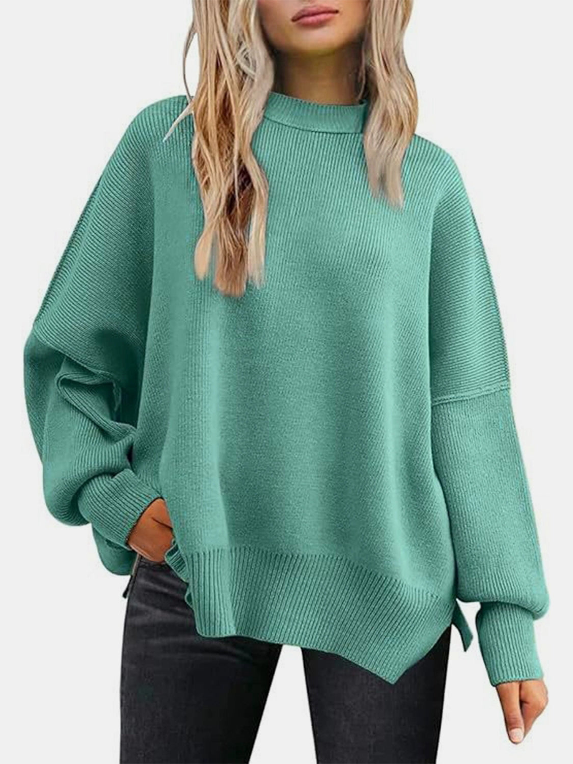 Round Neck Drop Shoulder Slit Sweater - where wild roots grows