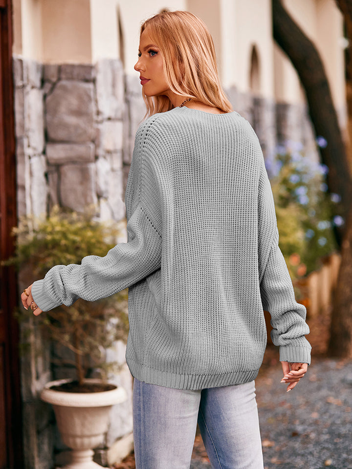 Cozy Pocketed Round Neck Waffle-Knit Sweater - where wild roots grows