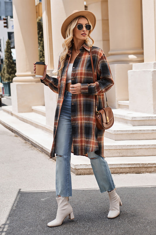 Mandy Plaid Collared Neck Long Sleeve Coat - where wild roots grows