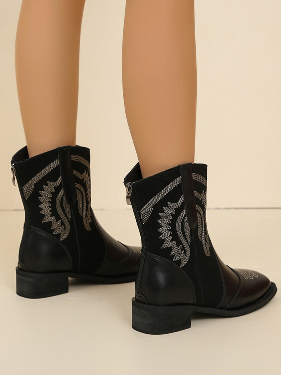 Embroidered PU Leather Block Heel Boots - where wild roots grows