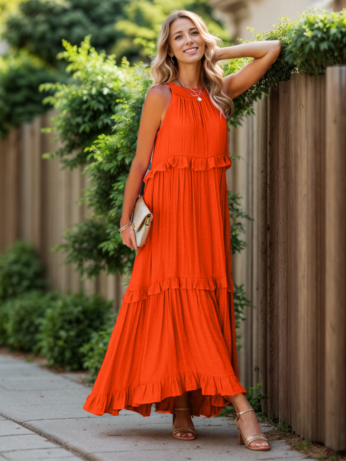 Ruffled Sleeveless Tiered Maxi Dress with Pockets - where wild roots grows