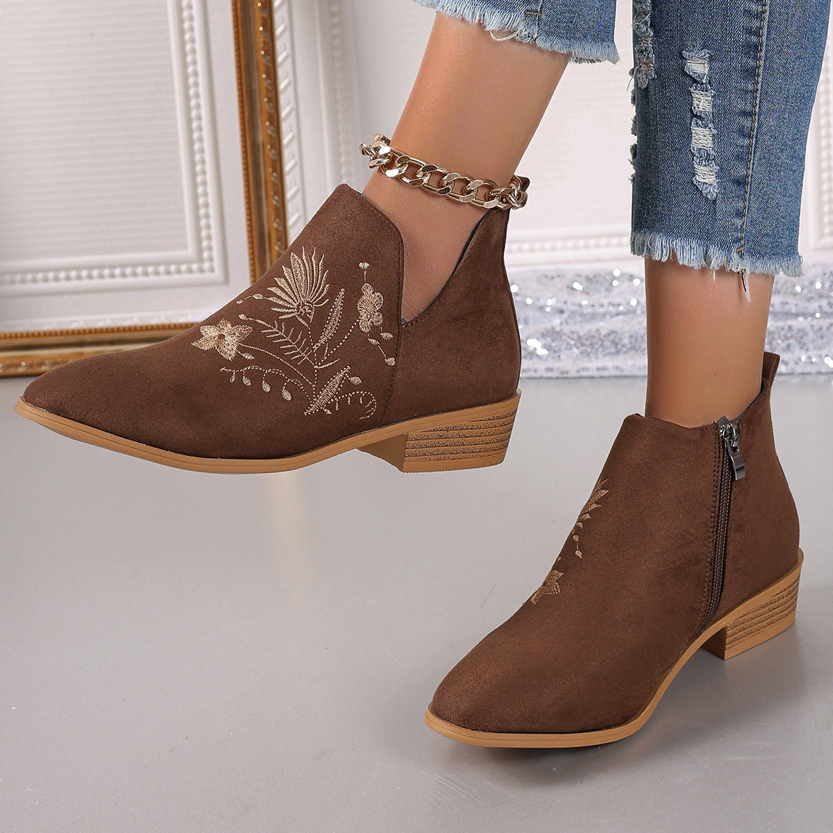 Embroidered Suede Point Toe Block Heel Boots - where wild roots grows