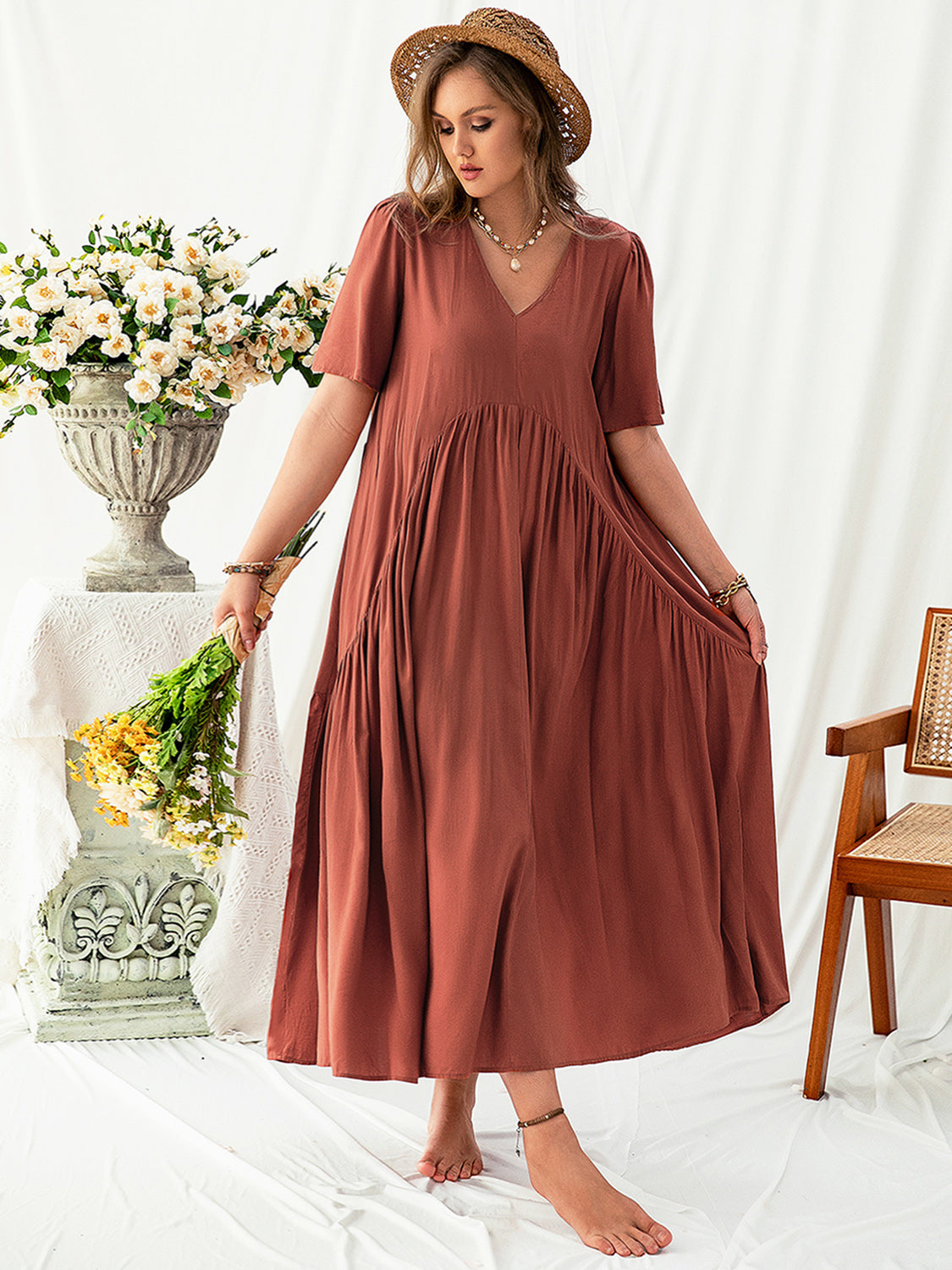 Plus Size V-Neck Flutter Sleeve Midi Dress - where wild roots grows