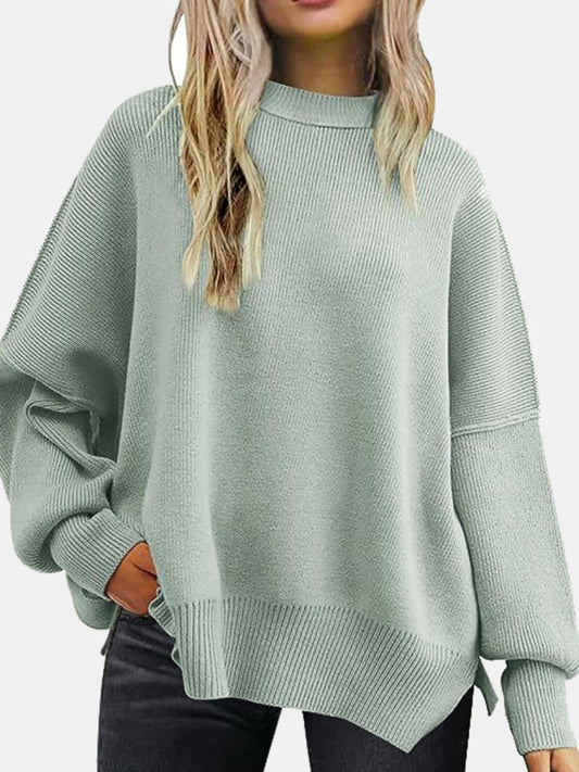 Round Neck Drop Shoulder Slit Sweater - where wild roots grows