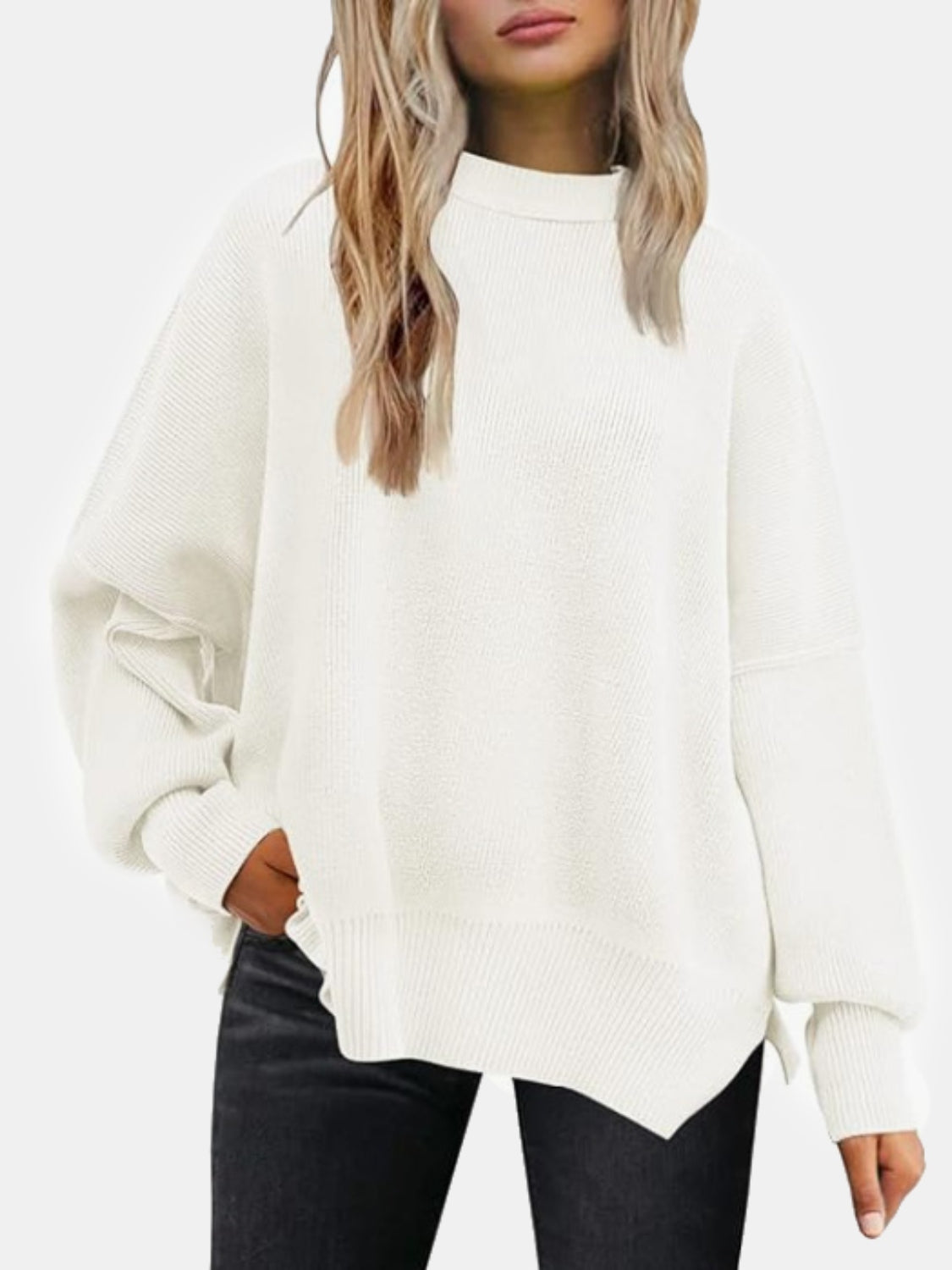 Round Neck Drop Shoulder Slit Sweater - where wild roots grows