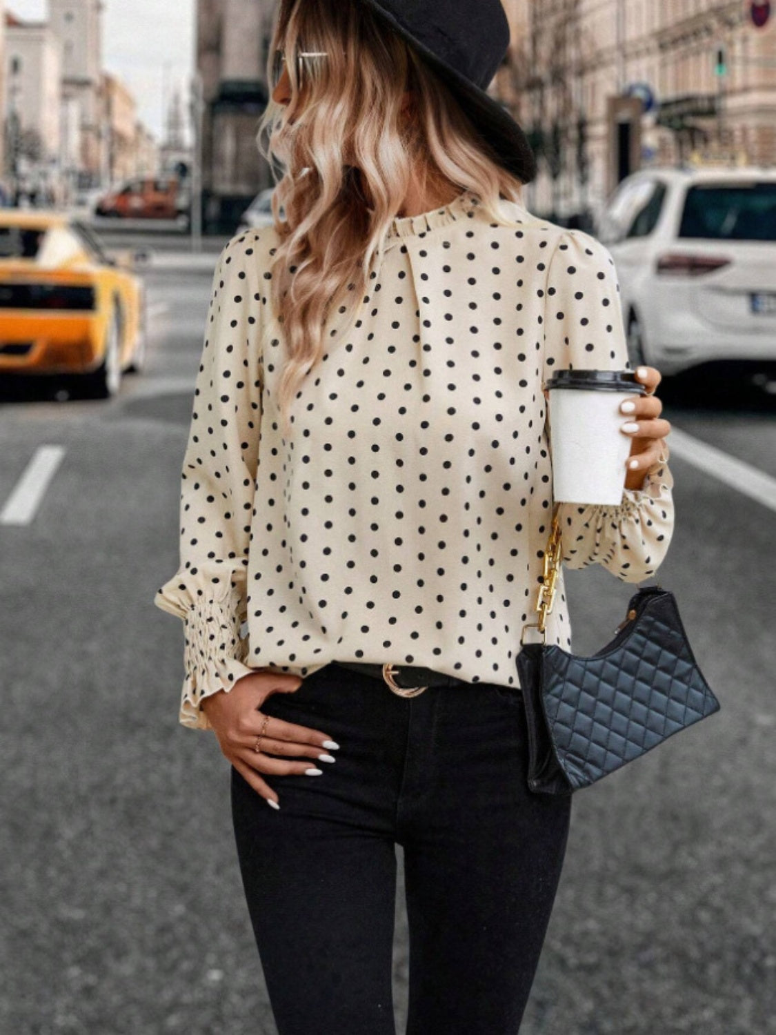 Polka Dot Mock Neck Long Sleeve Blouse - where wild roots grows