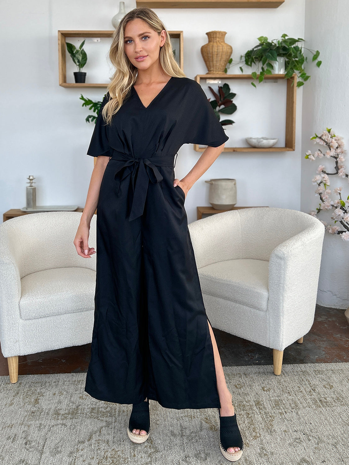 Double Take Full Size V-Neck Tied Side Slit Jumpsuit - where wild roots grows