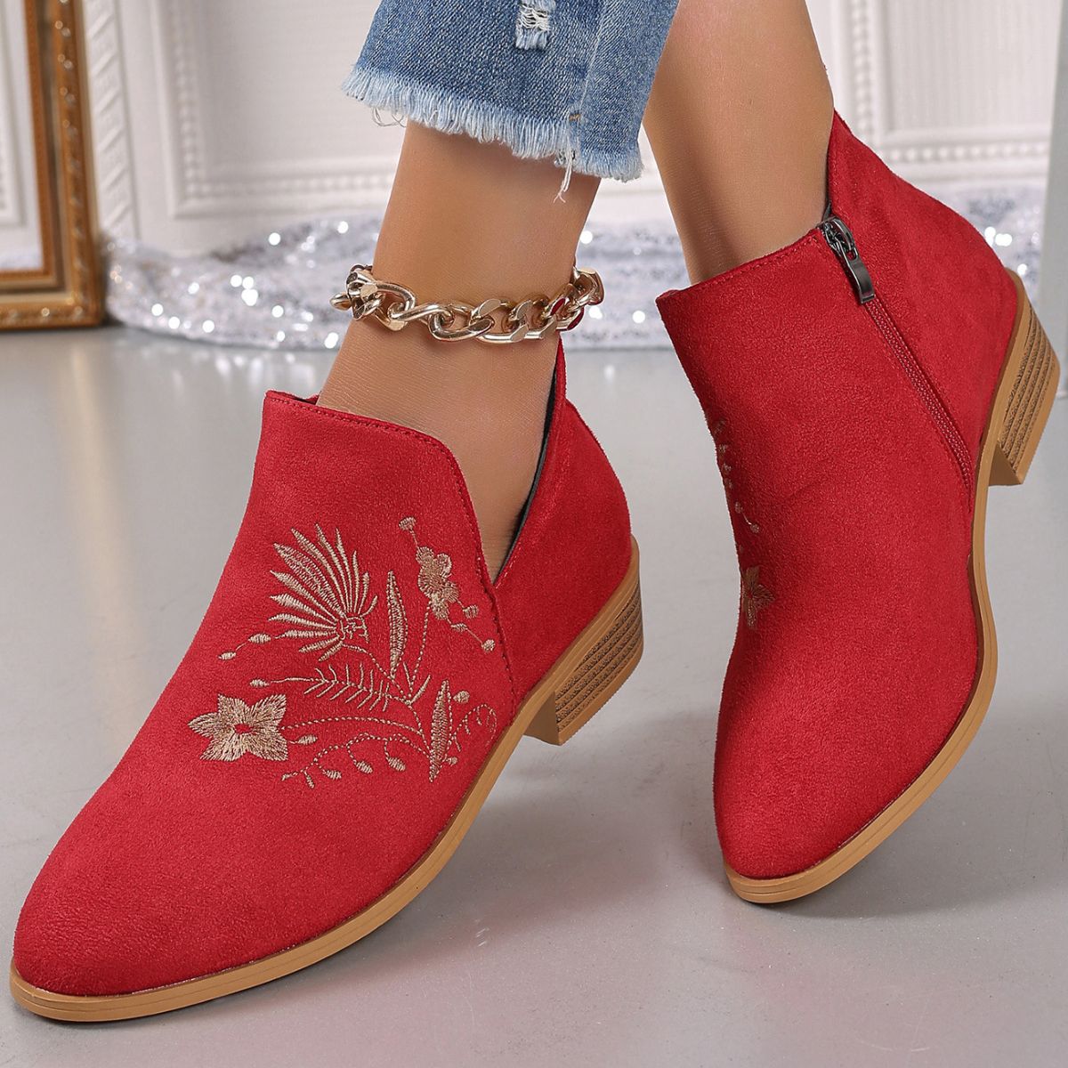 Embroidered Suede Point Toe Block Heel Boots - where wild roots grows