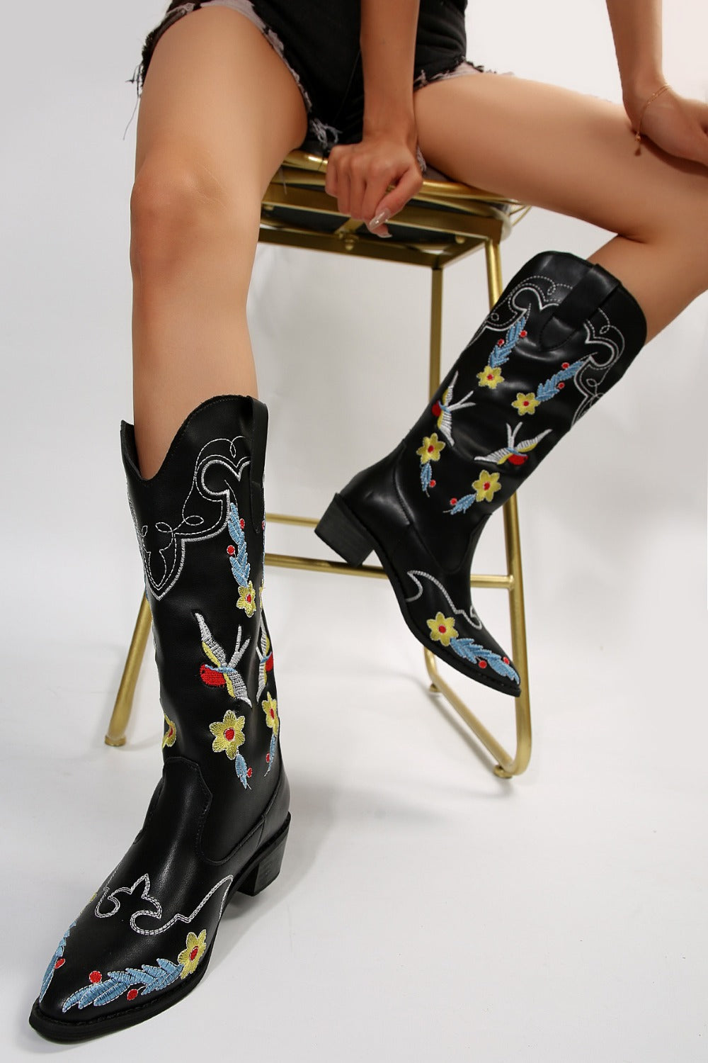 Embroidered Point Toe Block Heel Boots - where wild roots grows