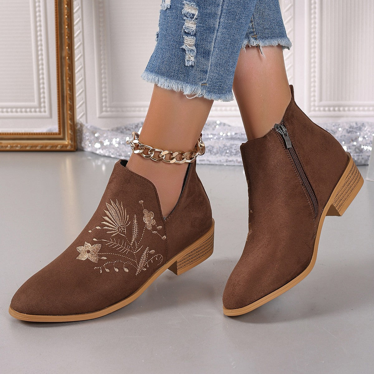 Embroidered Suede Point Toe Block Heel Boots - where wild roots grows