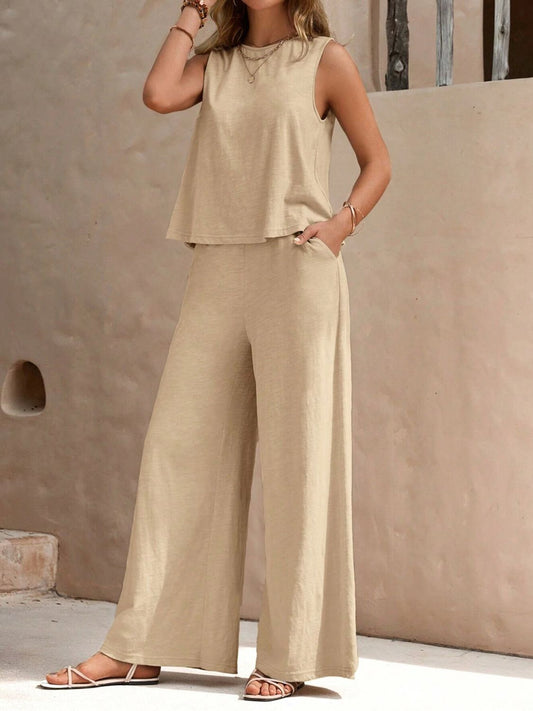 Round Neck Sleeveless Top and Wide Leg Pants Set - where wild roots grows