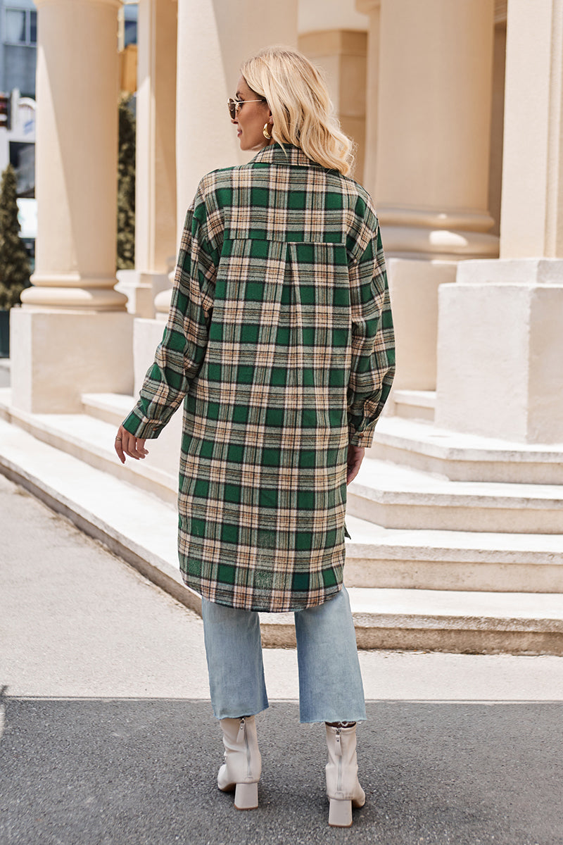 Mandy Plaid Collared Neck Long Sleeve Coat - where wild roots grows