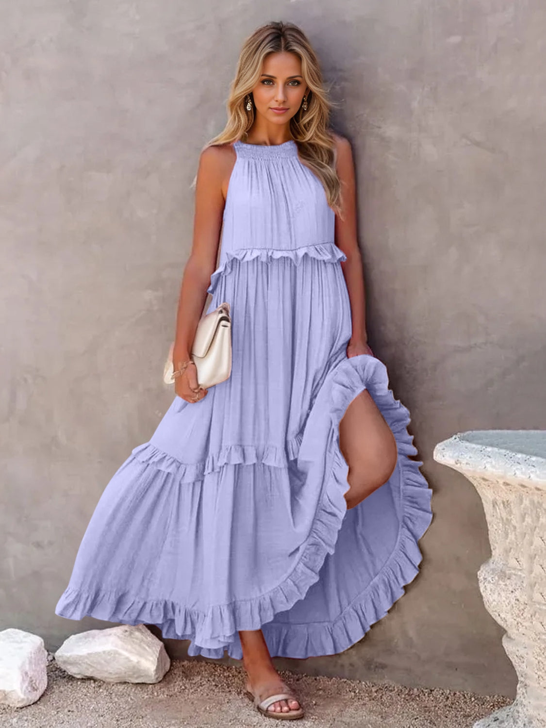 Ruffled Sleeveless Tiered Maxi Dress with Pockets - where wild roots grows