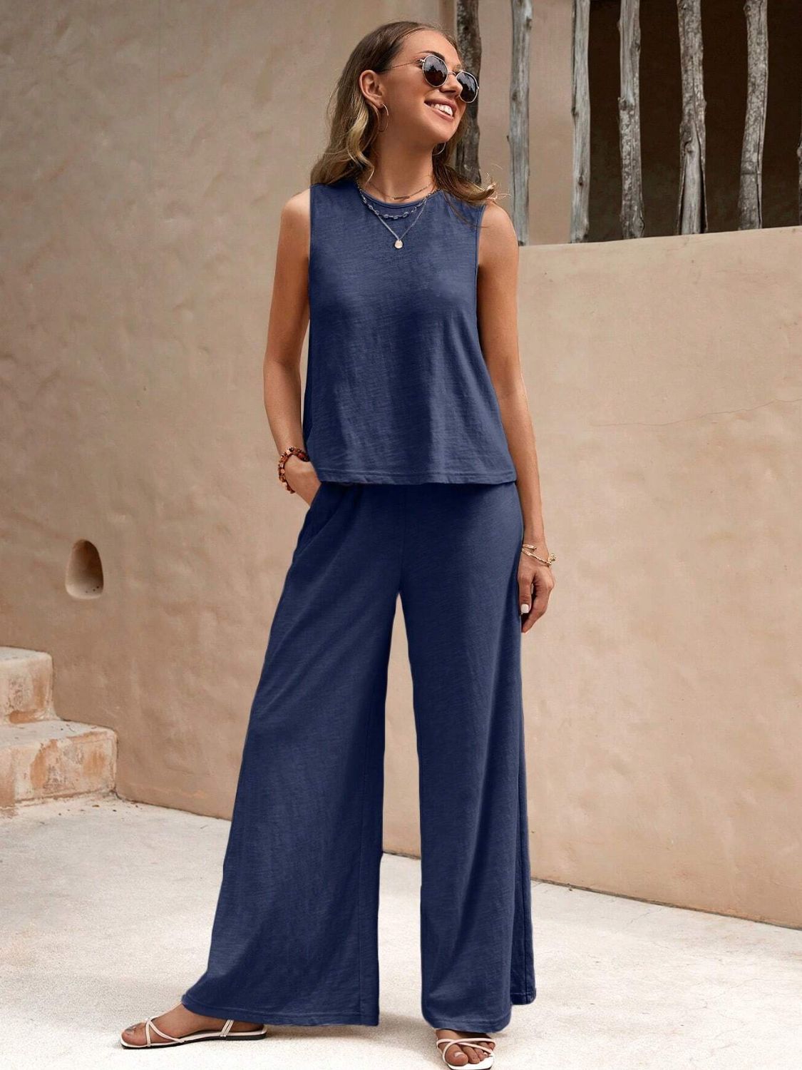 Round Neck Sleeveless Top and Wide Leg Pants Set - where wild roots grows