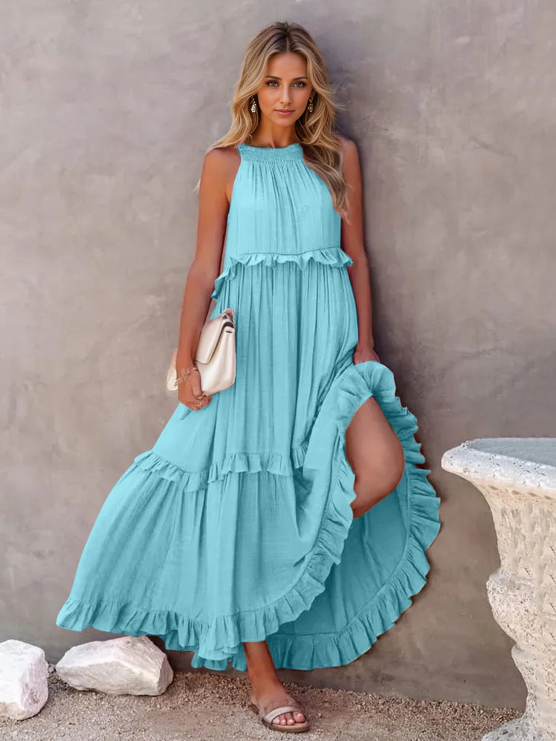 Ruffled Sleeveless Tiered Maxi Dress with Pockets - where wild roots grows