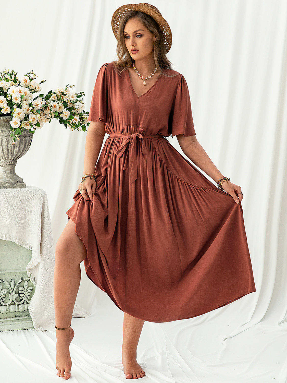 Plus Size V-Neck Flutter Sleeve Midi Dress - where wild roots grows