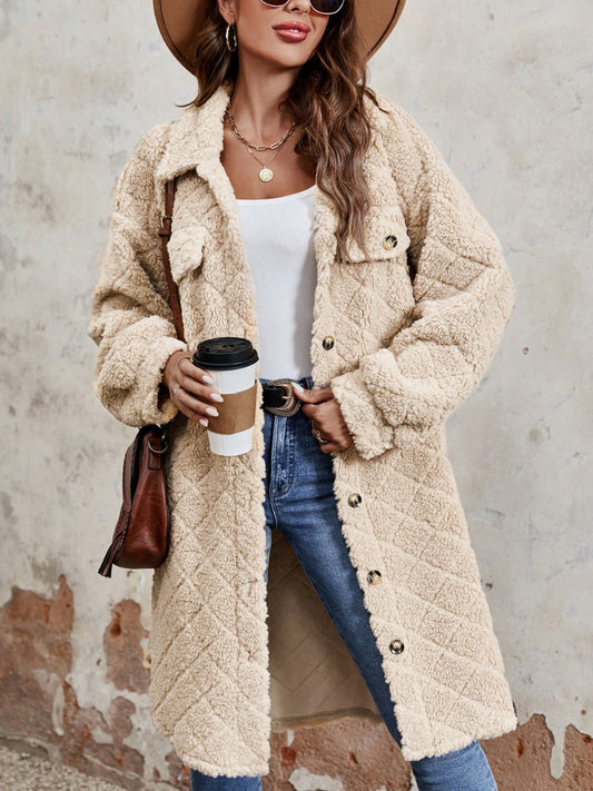 Fuzzy Button Up Dropped Shoulder Long Sleeve Coat - where wild roots grows