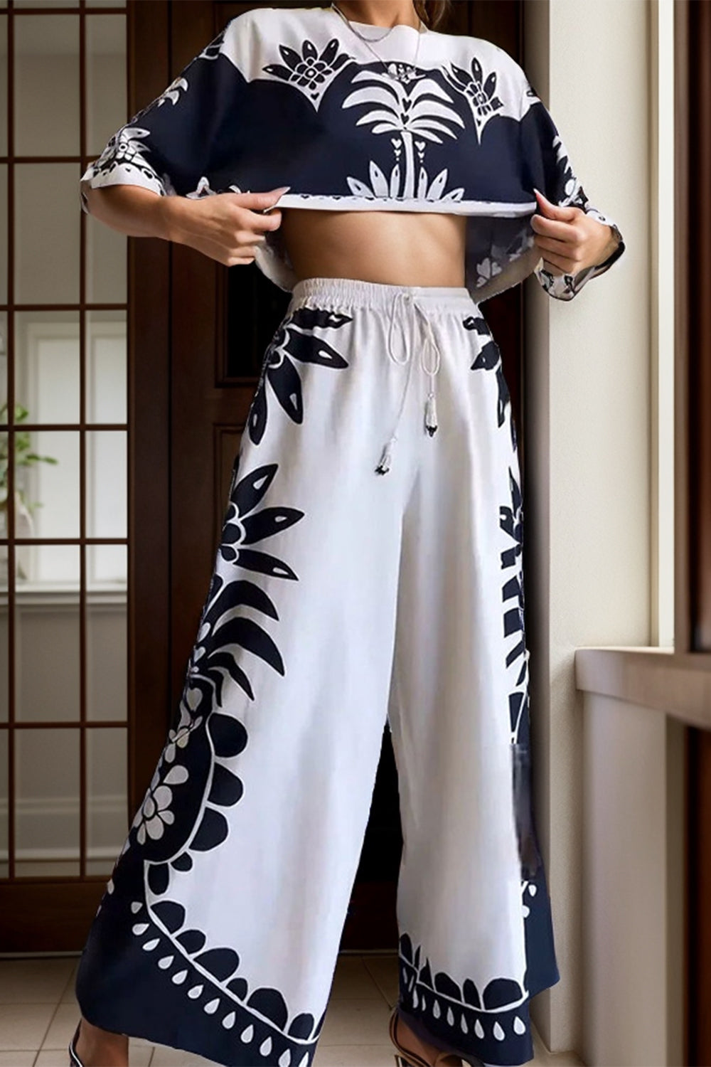 Printed Half Sleeve Top and Wide Leg Pants Set - where wild roots grows