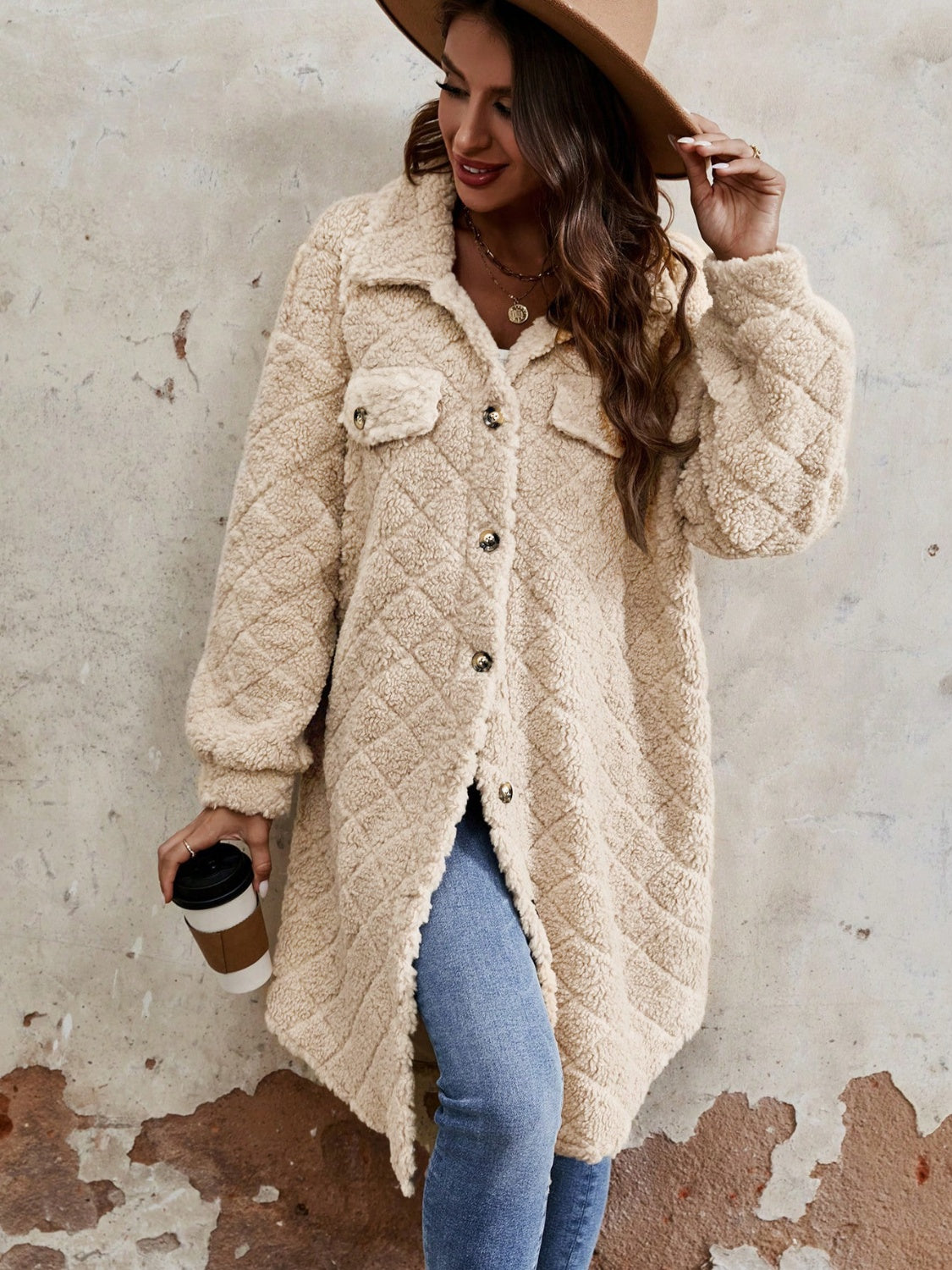 Fuzzy Button Up Dropped Shoulder Long Sleeve Coat - where wild roots grows