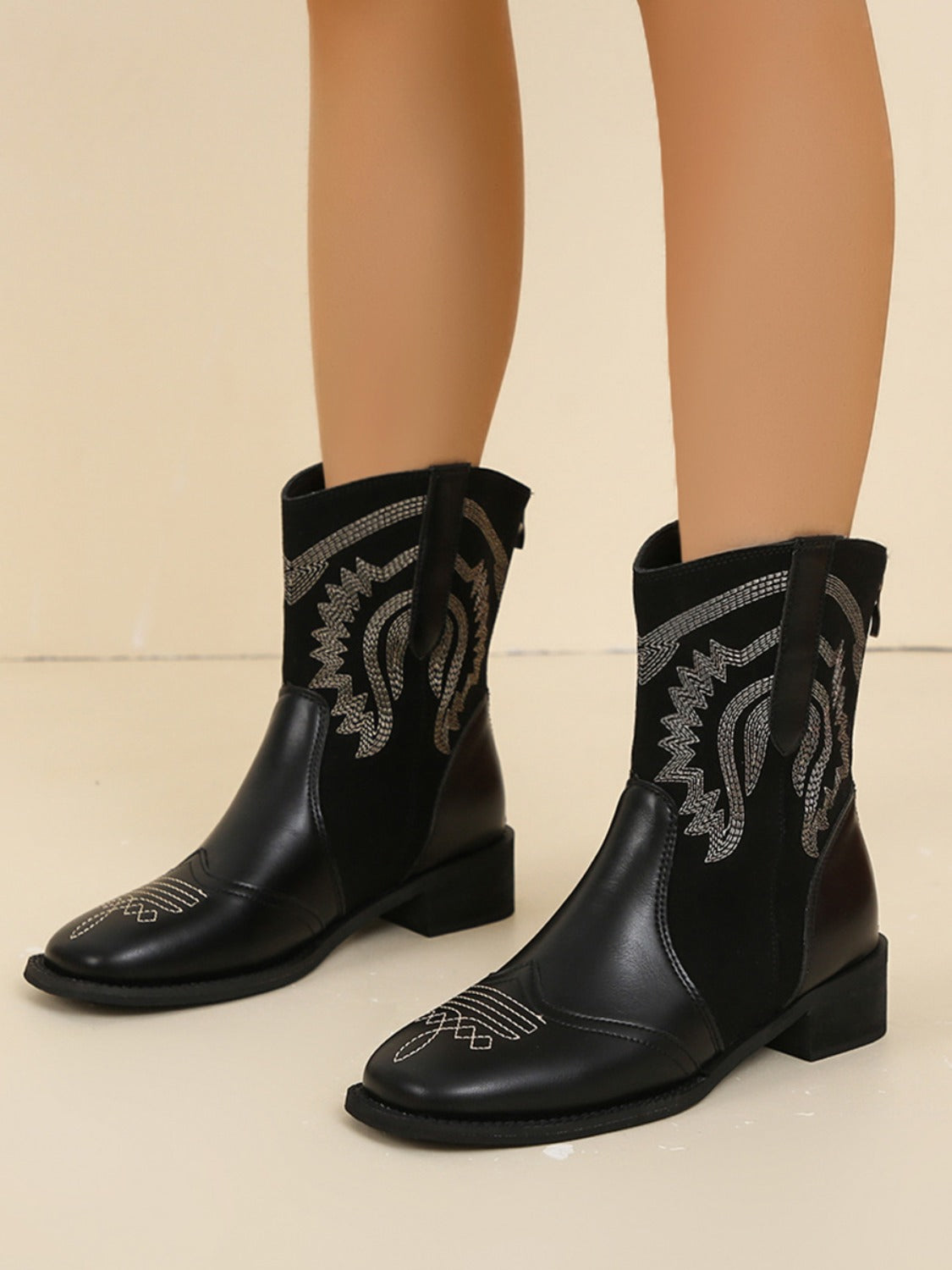 Embroidered PU Leather Block Heel Boots - where wild roots grows