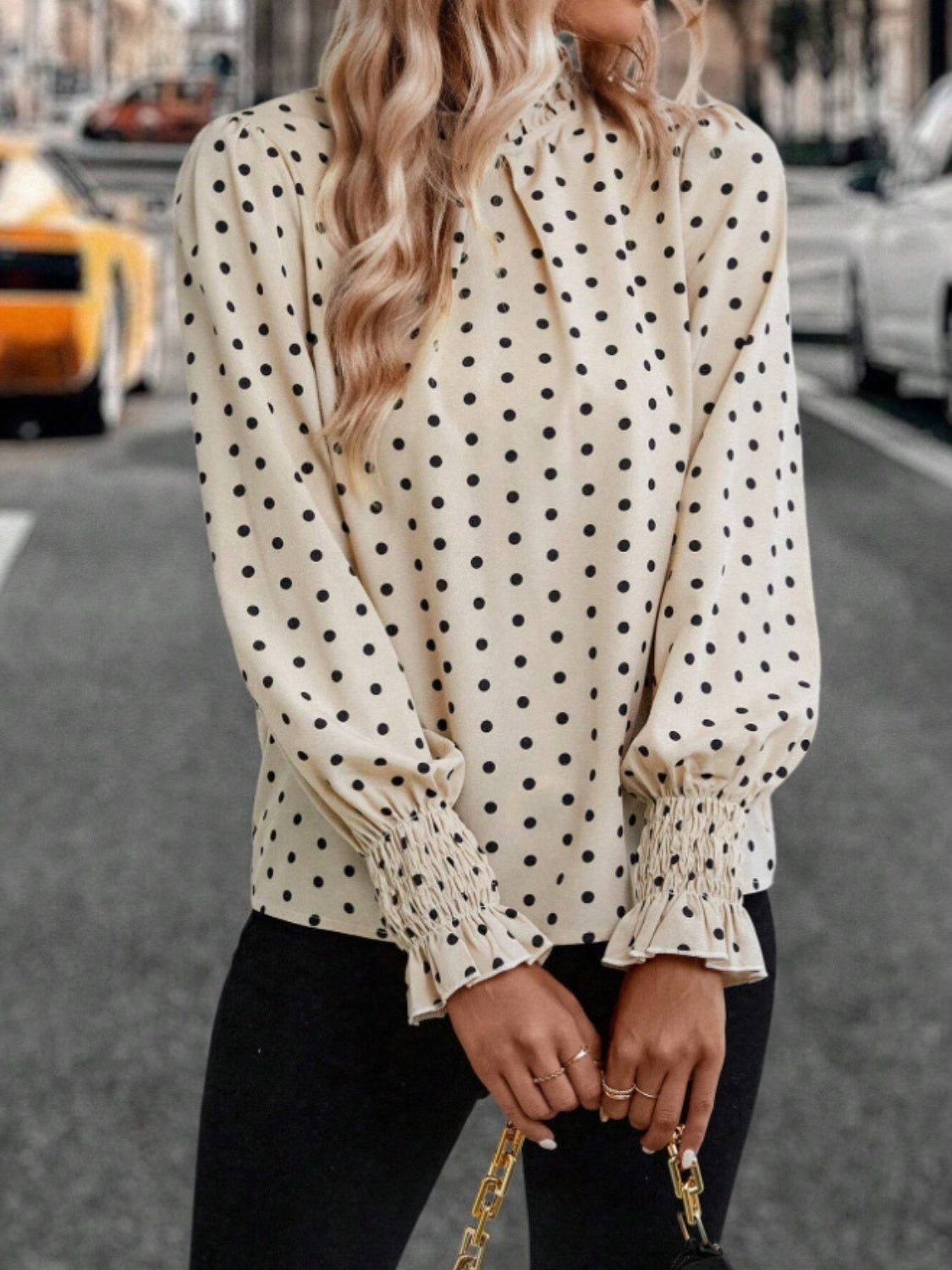 Polka Dot Mock Neck Long Sleeve Blouse - where wild roots grows