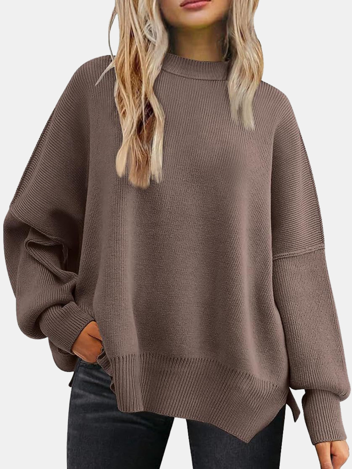 Round Neck Drop Shoulder Slit Sweater - where wild roots grows