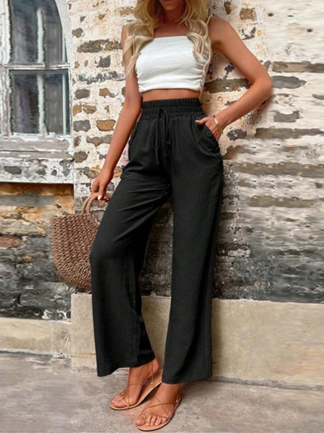 Tied High Waist Wide Leg Pants with Pockets - where wild roots grows