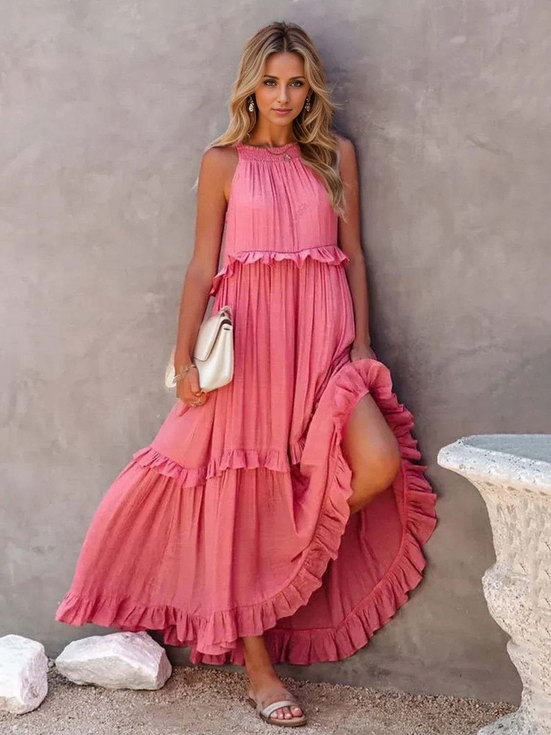 Ruffled Sleeveless Tiered Maxi Dress with Pockets - where wild roots grows