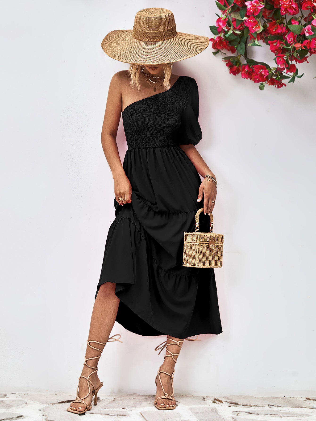 Smocked One-Shoulder Midi Dress