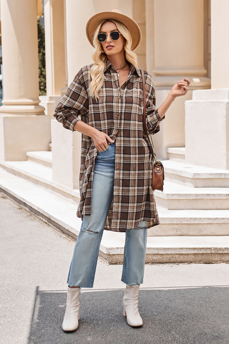 Mandy Plaid Collared Neck Long Sleeve Coat - where wild roots grows