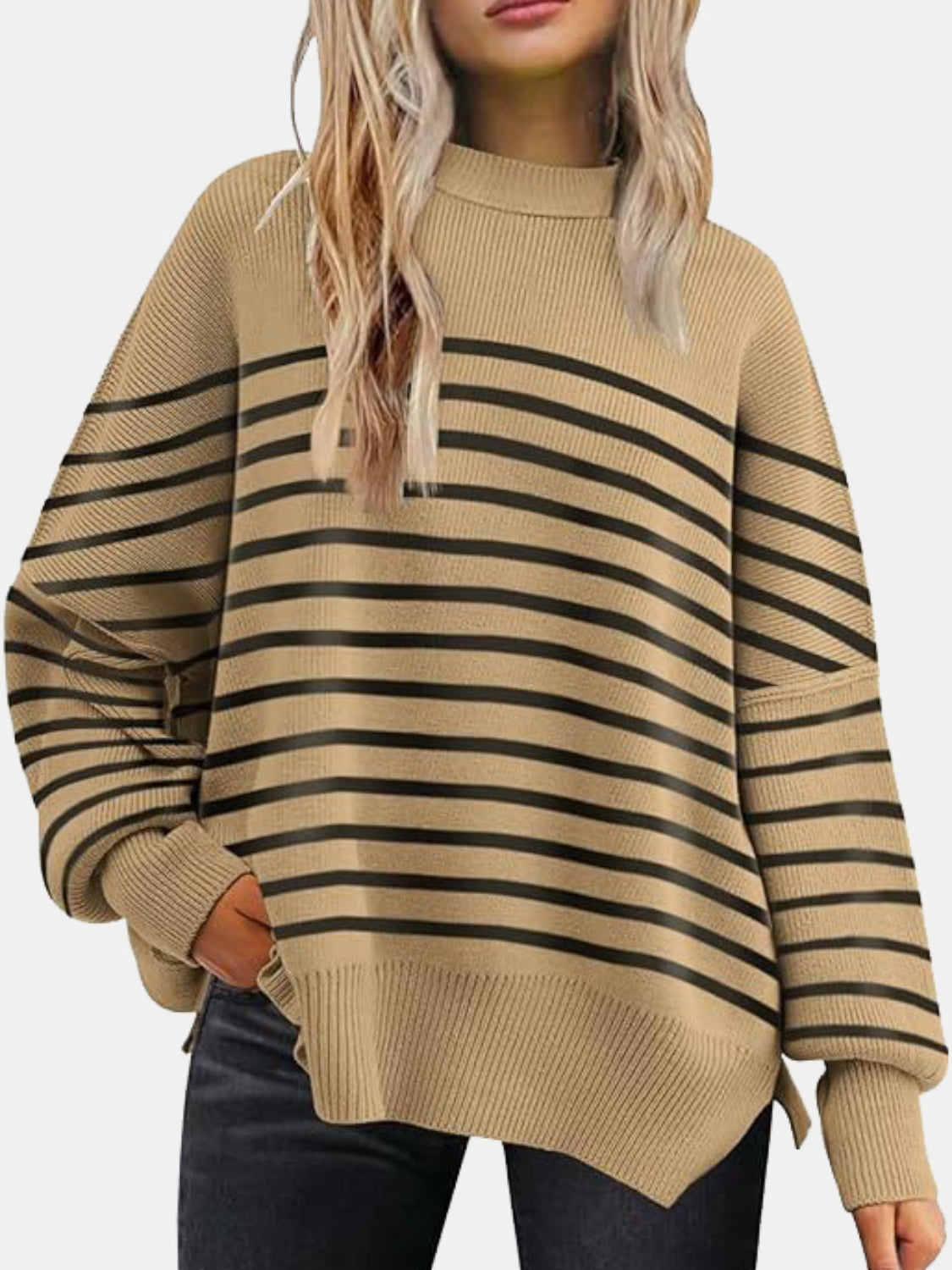 Round Neck Drop Shoulder Slit Sweater - where wild roots grows