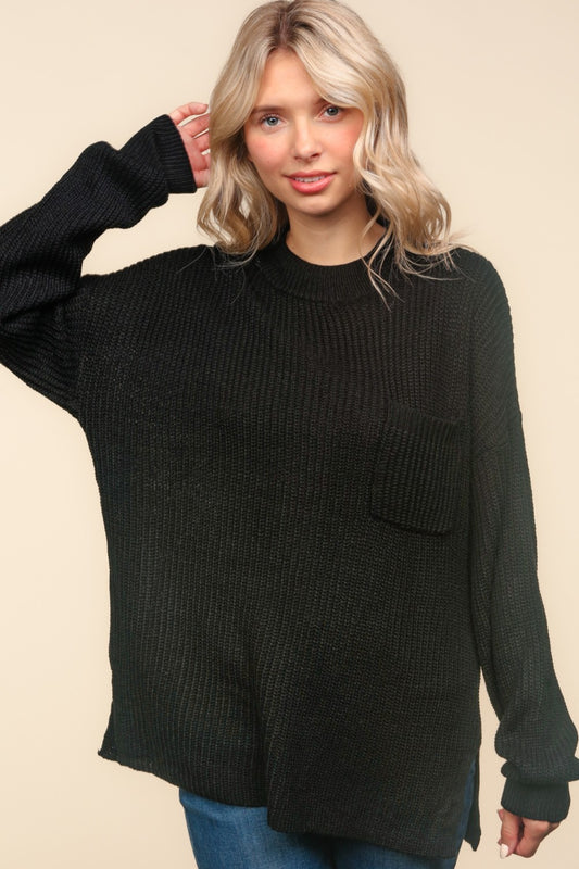 Haptics Mock Neck Side Slit Knit Top - where wild roots grows