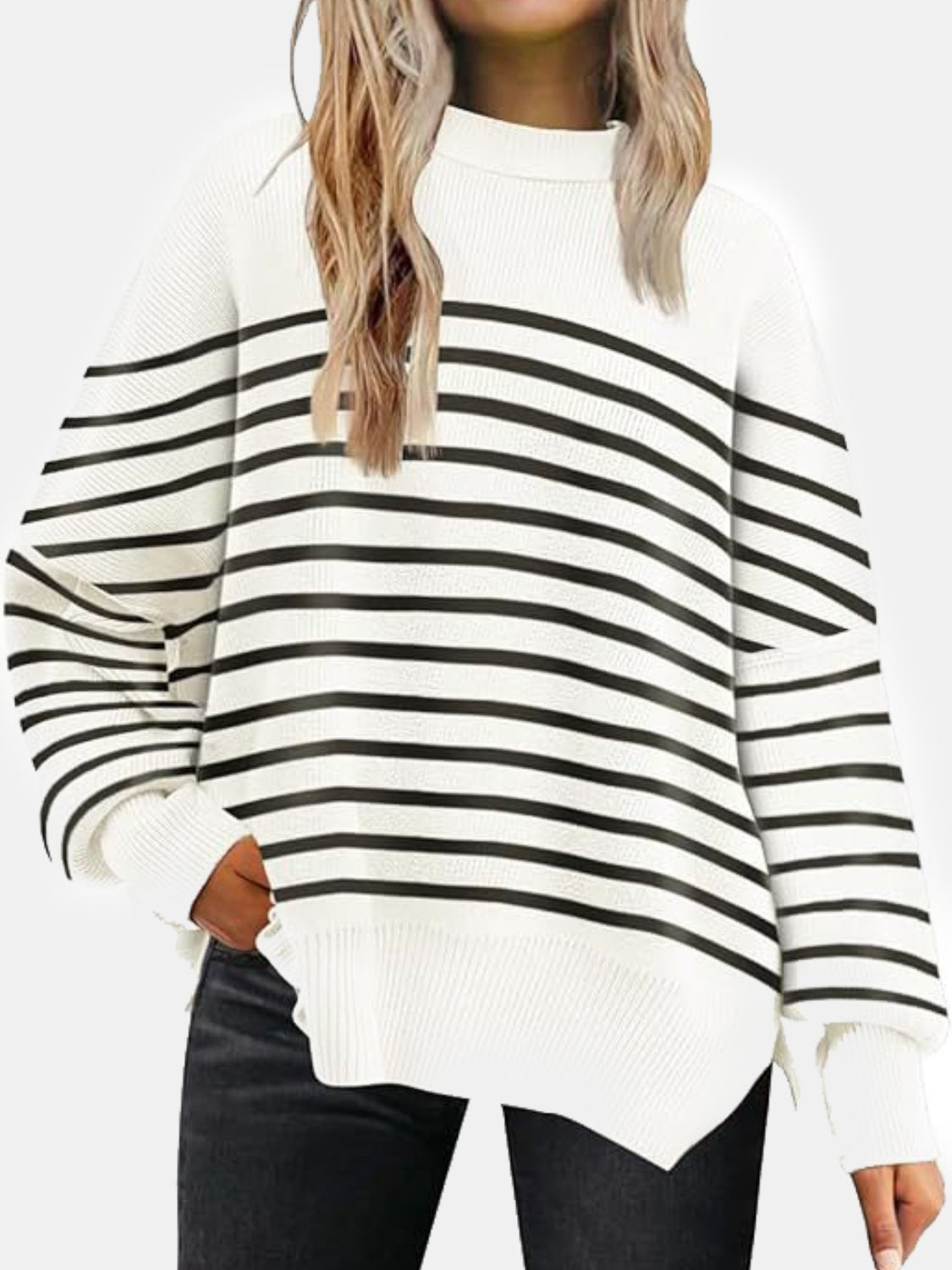 Round Neck Drop Shoulder Slit Sweater - where wild roots grows